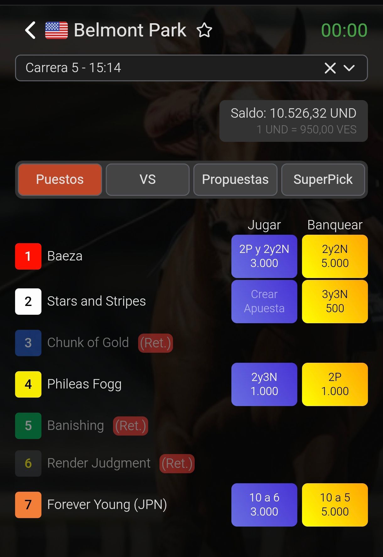 Panel de Puestos en la app: ofertas para jugar y banquear por ejemplar.