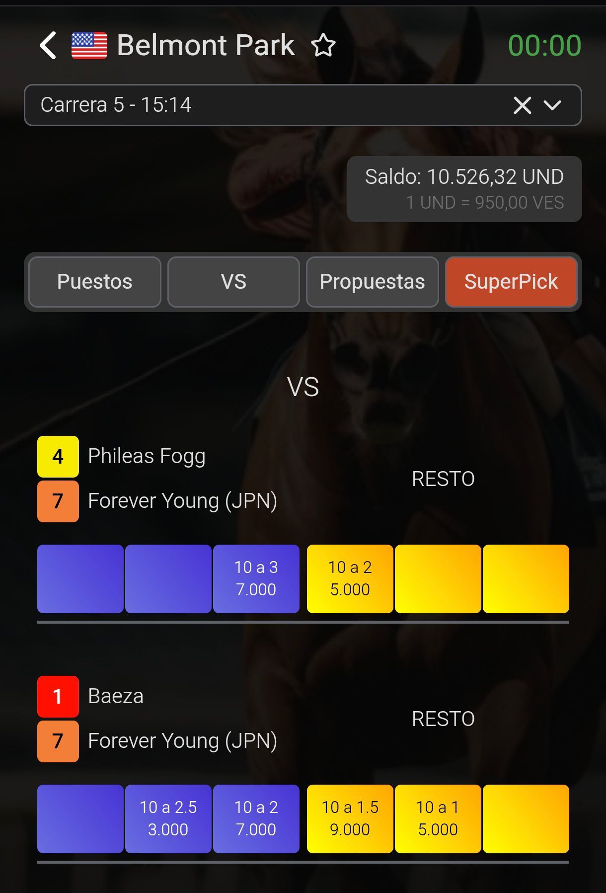 Panel de Super Pick en la app: selección múltiple sobre una misma carrera.